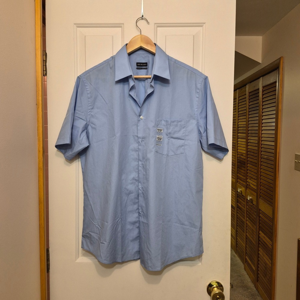 Van Heusen Mens Regular Fit Wrinkle Free Short Sleeve Button Down Shirt Blue 16
